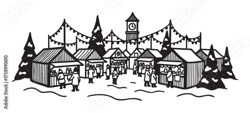 Black outline drawing of a festive market scene with multiple stalls, snow-covered trees, and string lights, featuring groups of people enjoying the winter atmosphere.