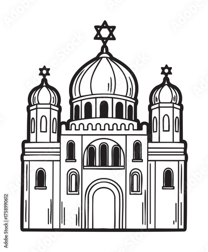 Black outline illustration of a synagogue featuring a large central dome and two smaller side domes, each topped with a star of david.