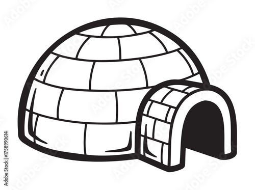 Black and white outline drawing of a simple igloo with a domed structure and an arched entrance.