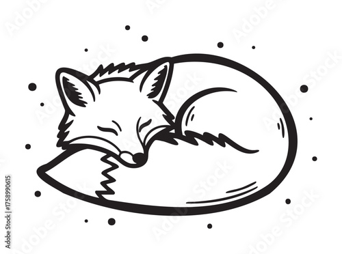 Black outline vector illustration of a sleeping fox curled up with its bushy tail, surrounded by small dots.
