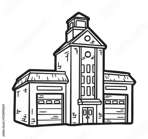 Black outline of a large fire station building with a central tower and two garage doors on either side.