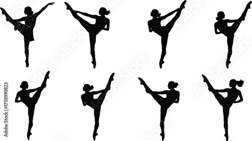 High leg extension silhouette sequence, dancer gymnast flexibility illustration, balance posture study, athletic movement concept, sports technique, fitness lifestyle