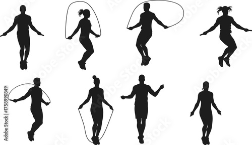 Jump rope silhouette sequence, skipping exercise illustration, fitness cardio workout, athlete training concept, sports motion study, health lifestyle, endurance practice