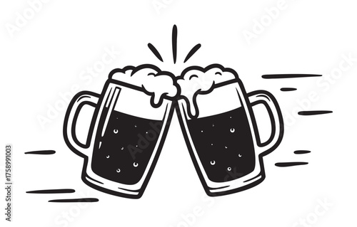 Two frothy beer mugs clinking together in celebration, with motion lines indicating a dynamic cheers gesture.
