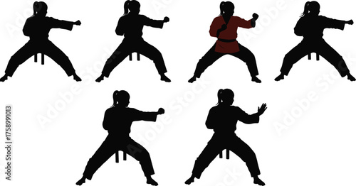 Martial arts silhouette stance sequence, fighter posture illustration, athlete training concept, combat technique study, sports discipline, defensive motion, fitness lifestyle