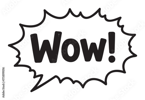 Black and white comic-style speech bubble with the word "wow!" in bold, surrounded by jagged lines.