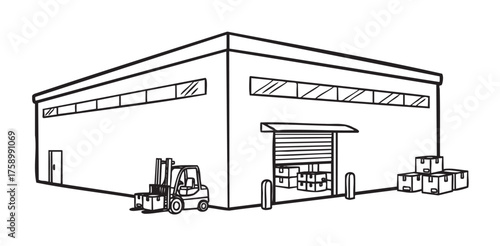 Black outline drawing of a large warehouse with a parked forklift and stacked boxes at the entrance. industrial facility illustration for storage and logistics themes.