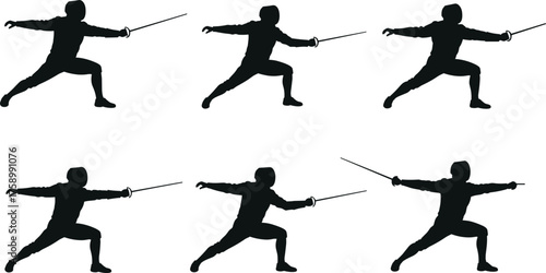 Martial arts stance silhouette sequence, Tai Chi Kung Fu posture illustration, athlete balance training concept, sports techniqueMartial arts stance silhouette sequence