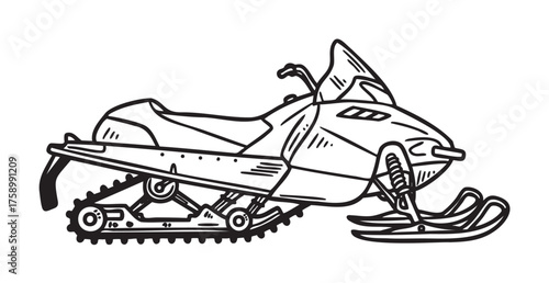 Black outline drawing of a detailed snowmobile featuring treads, skis, and handlebars, designed for winter transportation and adventure activities.