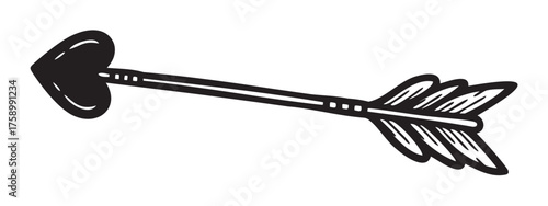 Black outline of a heart-shaped arrow with detailed feather fletching and a rounded heart arrowhead, pointing to the left.