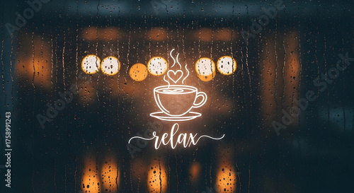 Cozy “Relax” Script with Glowing Coffee Cup on Wet Glass Background
