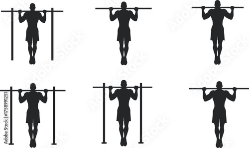 Pull‑up exercise silhouette variations, chin‑up and wide grip techniques, strength training workout, bodybuilding posture, gym fitness illustration, upper body form