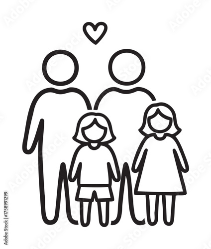 Black outline vector icon of a stick figure family with two adults and two children, accompanied by a heart symbol above.