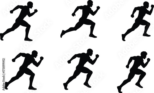 Running silhouette sequence illustration, sprint motion study, athlete stride biomechanics, sports training concept, fitness workout posture, speed exercise, health lifestyle