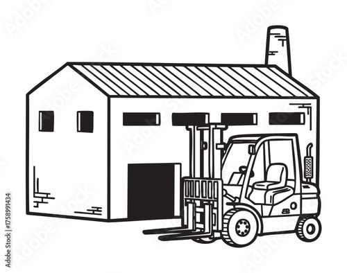 Black outline drawing of a forklift parked in front of a warehouse with a chimney, illustrating industrial and logistics concepts.