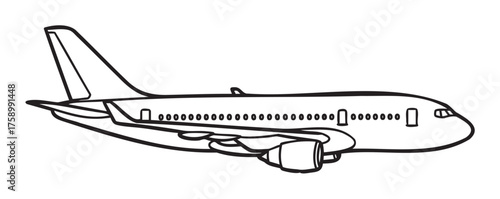 Black outline illustration of a commercial airplane with detailed wings and tail design, showcasing side view and aerodynamic features.