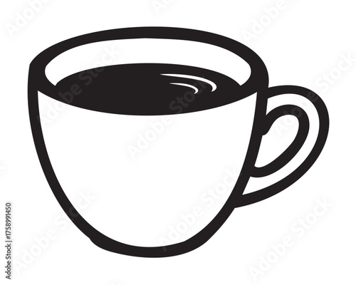 Black outline drawing of a simple coffee mug filled with a dark liquid, featuring a single handle, viewed from a slightly elevated angle.