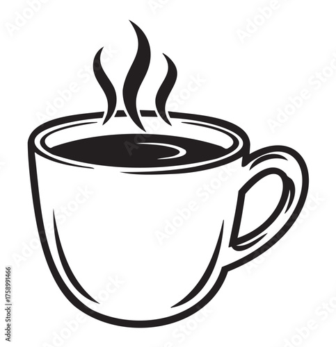 Black and white outline of a steaming coffee cup with a single handle, exuding simplicity and elegance.