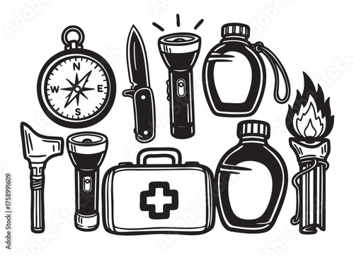 Black outline vector set of essential camping tools including a compass, knife, flashlight, water bottle, torch, lantern, and first aid kit.