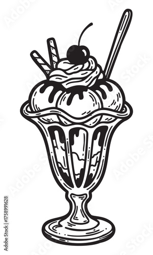 Black outline drawing of a classic ice cream sundae in a glass dish, topped with whipped cream, chocolate syrup, a cherry, and wafer sticks.