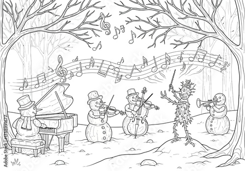 Snowman orchestra in the forest