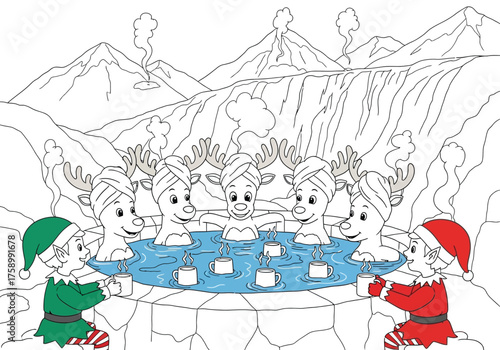 Reindeer and elves enjoying a hot spring coloring page