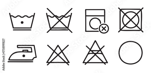 Black outline vector icons depicting various laundry symbols, including washing instructions, iron settings, and drying prohibitions.