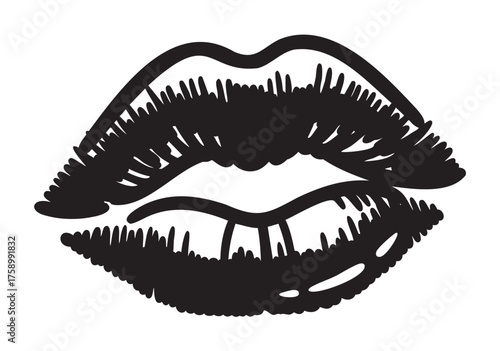 Black outline drawing of stylized lips with detailed shading and texture, showcasing a graphic representation of a mouth.