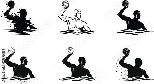 Water polo player artistic silhouette sequence, ball throw motion study, aquatic sports illustration, athlete training concept, fitness lifestyle, dynamic design