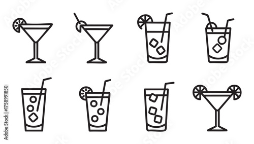 Black outline icons of various cocktail glasses with garnishes, showcasing different beverage styles with straws and citrus slices.