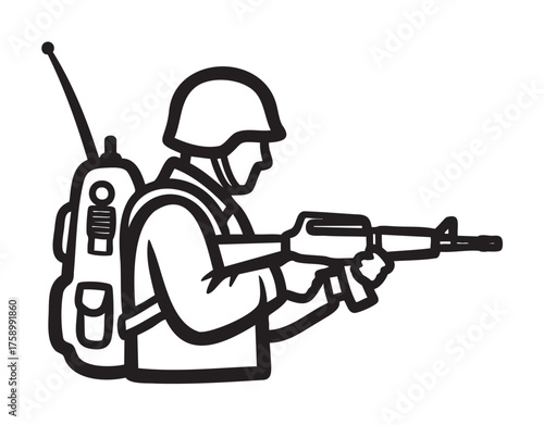 Black outline illustration of a soldier wearing a helmet and backpack while aiming a rifle, featuring minimalistic design for military and combat themes.