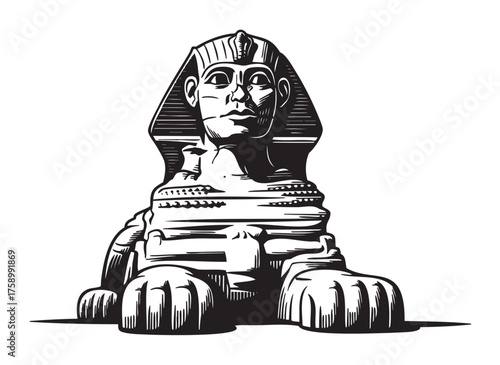 Black and white illustration of the great sphinx of giza, featuring intricate details of the iconic stone monument's face and paws.