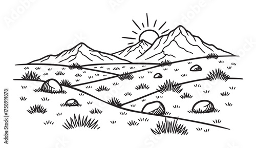Black and white sketch of a mountain range with the sun rising behind, featuring grassy land and rocks in the foreground.