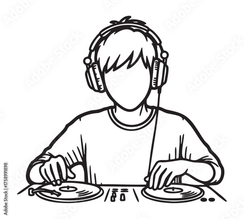 Black outline vector icon of a dj with headphones, operating turntables in a minimal linear illustration style.