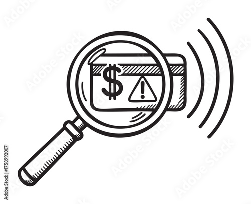 Black outline drawing of a magnifying glass focusing on a money sign and warning triangle symbol on a credit card, with wireless signal lines.