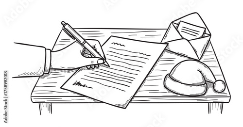 Handwriting a letter with a pen on paper, with a santa hat and open envelope on a wooden table.