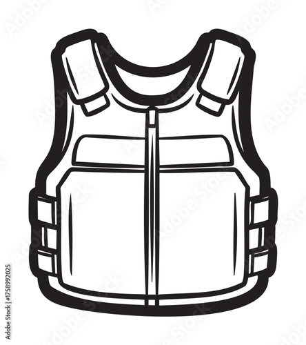 Black outline of a tactical body armor vest with adjustable straps, showcasing padded design and front zipper closure.