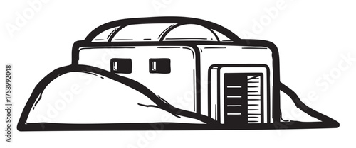 Black outline drawing of a simple, dome-roofed rectangular bunker nestled between two hills.