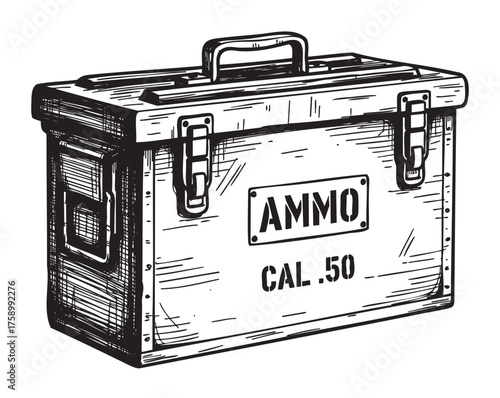 Black and white detailed sketch of a metal ammunition box labeled "cal .50" with a handle and sturdy clasps for secure closure.