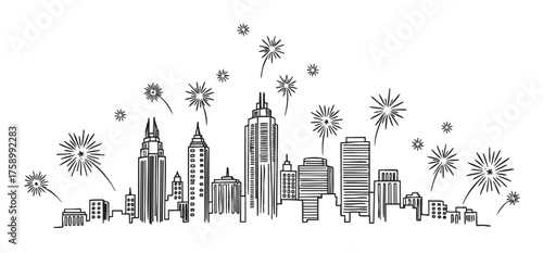 Hand-drawn black outline of an urban skyline with fireworks above, depicting various tall buildings and city architecture.