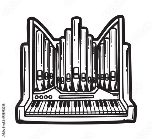 Black outline drawing of a pipe organ with multiple pipes and a keyboard, ideal for music and instrument themes.