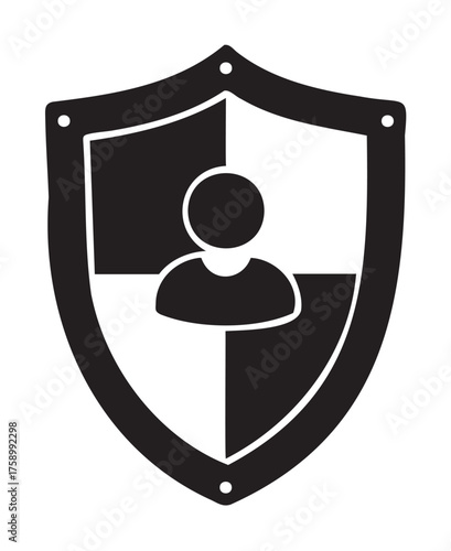 Black shield icon featuring a simplified human silhouette in the center, symbolizing protection and security concepts.