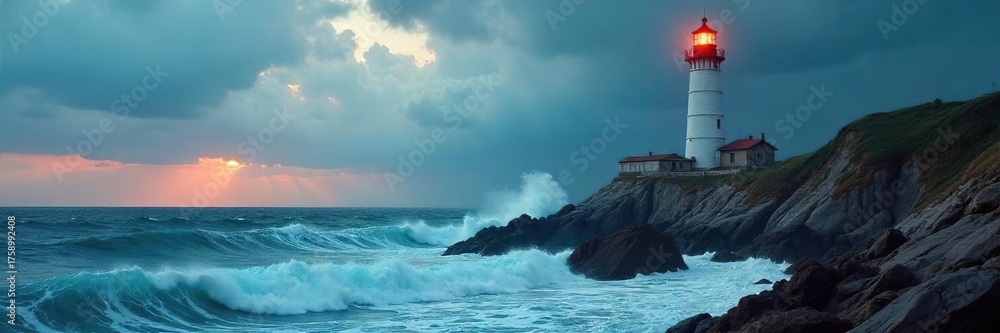 Naklejka premium Lighthouse withstanding stormy sea, dramatic waves crashing on rocks, beacon of hope and safety in powerful nature scene