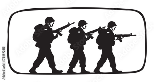 Three male soldiers in silhouette carry rifles and backpacks, marching in formation.