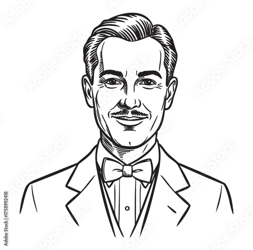 Black and white illustration of a caucasian mature male with neatly styled hair, wearing a bow tie and suit, smiling confidently.