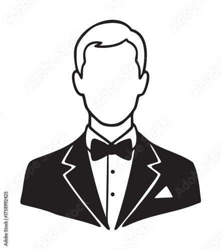 Black outline vector icon of a faceless male adult in a tuxedo with a bow tie, portraying a classic and formal attire style.
