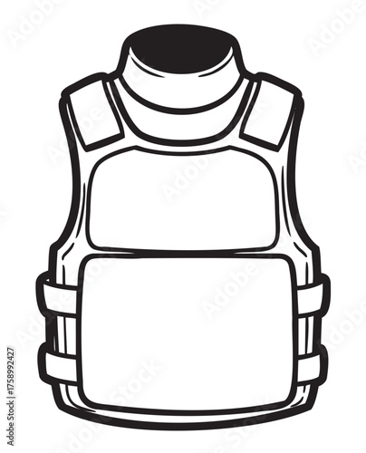Black outline of a tactical body armor vest with adjustable straps and reinforced padding, designed for protective and security purposes.
