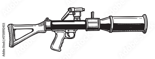 Black and white illustration of a handheld rocket-propelled grenade launcher with a stock and trigger grip.