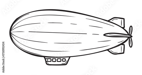 Black outline vector illustration of a simple airship or blimp, showcasing its streamlined structure and propeller.