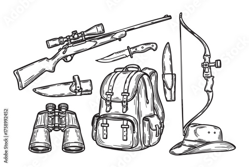 Hand-drawn collection of outdoor hunting gear including a rifle with scope, knives, bow with hat, backpack, and binoculars in black outline style.